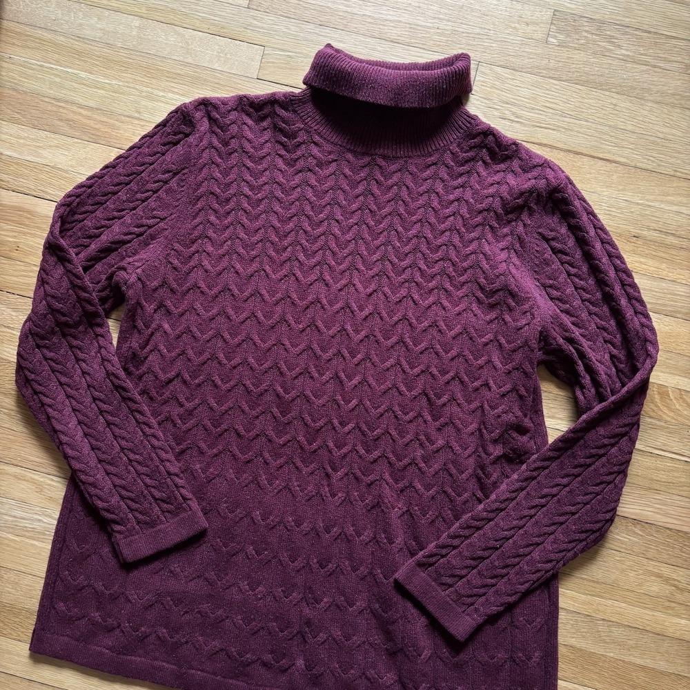 J Jill Cable Knit Fisherman Turtleneck Sweater Cotton Silk Women's‎ L Burgundy